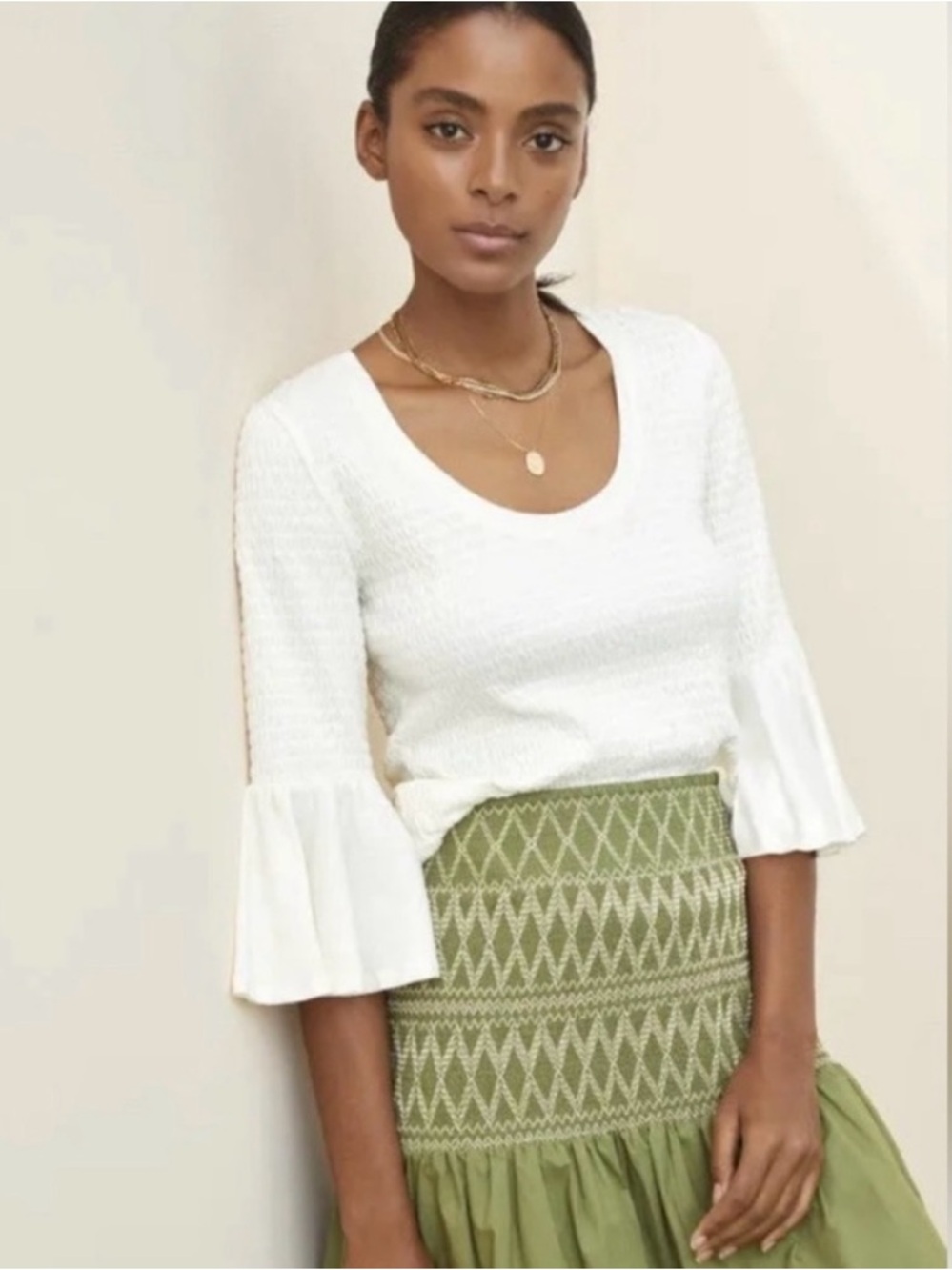 Anthropologie Smocked Bell-Sleeve Top Med